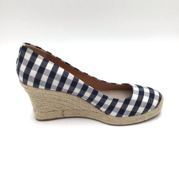 🔴SOLD🔴J. Crew Factory blue white check plaid textile espadrille wedge pumps 8 - Picture 6 of 11